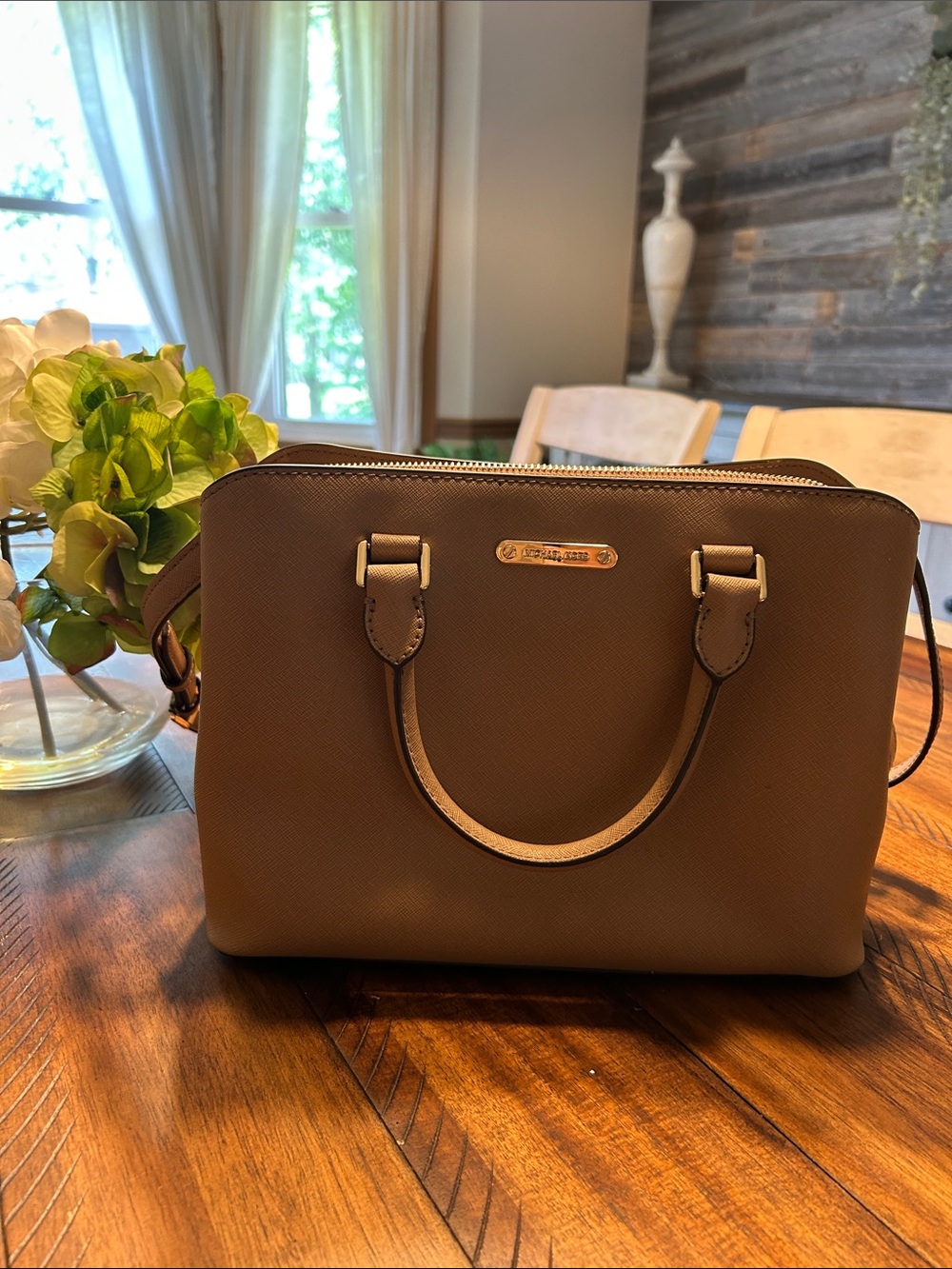 Like New Michael Kors Tan Saffiano Leather Satchel with Gold Hardware